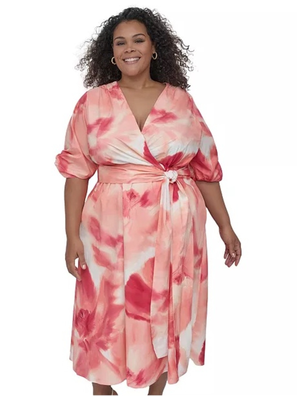DKNY Plus Size Cotton Puff Sleeve Fit & Flare Dress Tie Waist Pockets 18w